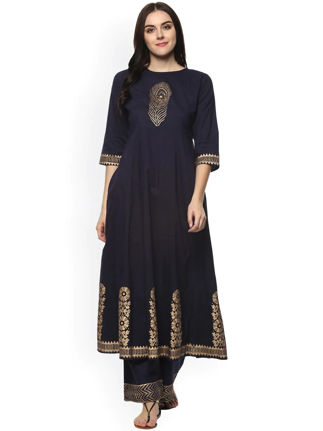 Bhama Couture Women Navy Blue Printed Kurta with Palazzos-BHKS005_L