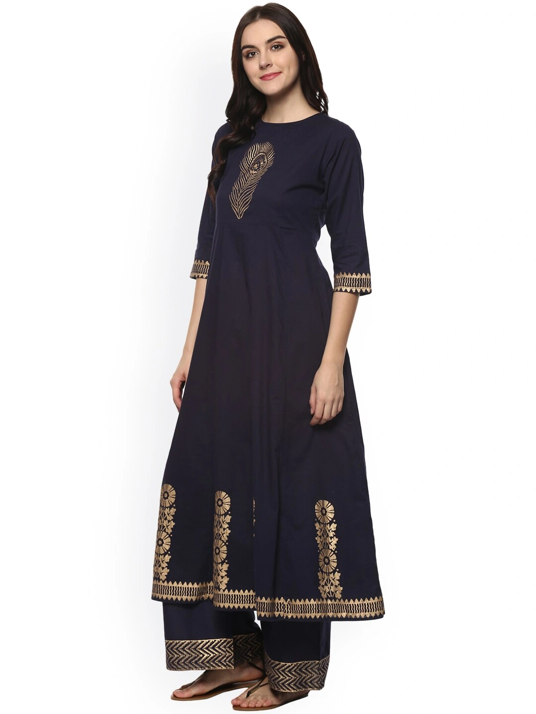 Bhama Couture Women Navy Blue Printed Kurta with Palazzos-L-1