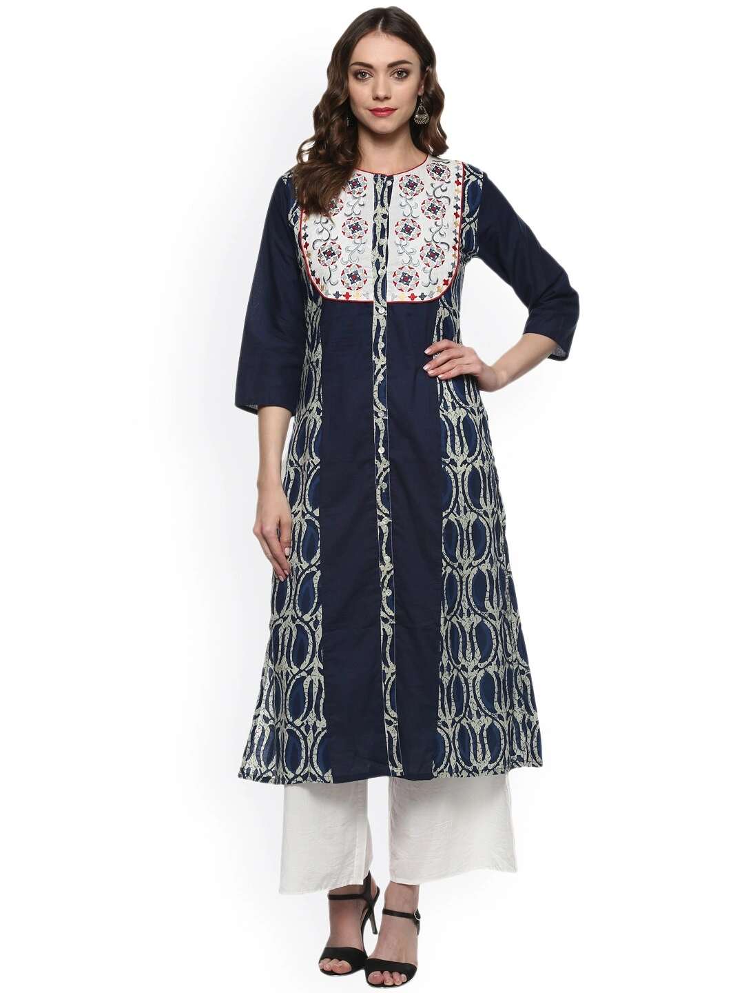 Bhama Couture Women Blue &amp; White Embroidered Kurta with Palazzos-BHKS010_L