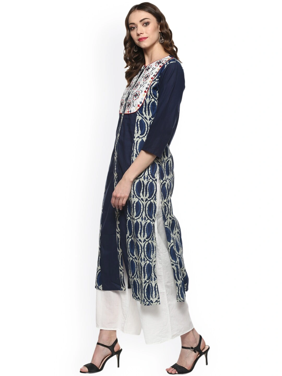 Bhama Couture Women Blue &amp; White Embroidered Kurta with Palazzos-L-1