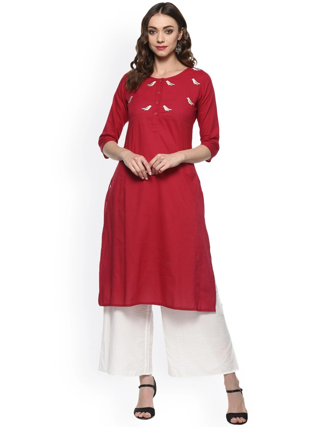 Bhama Couture Women Red &amp; White Embroidered Kurta with Palazzos-BHKS012_L