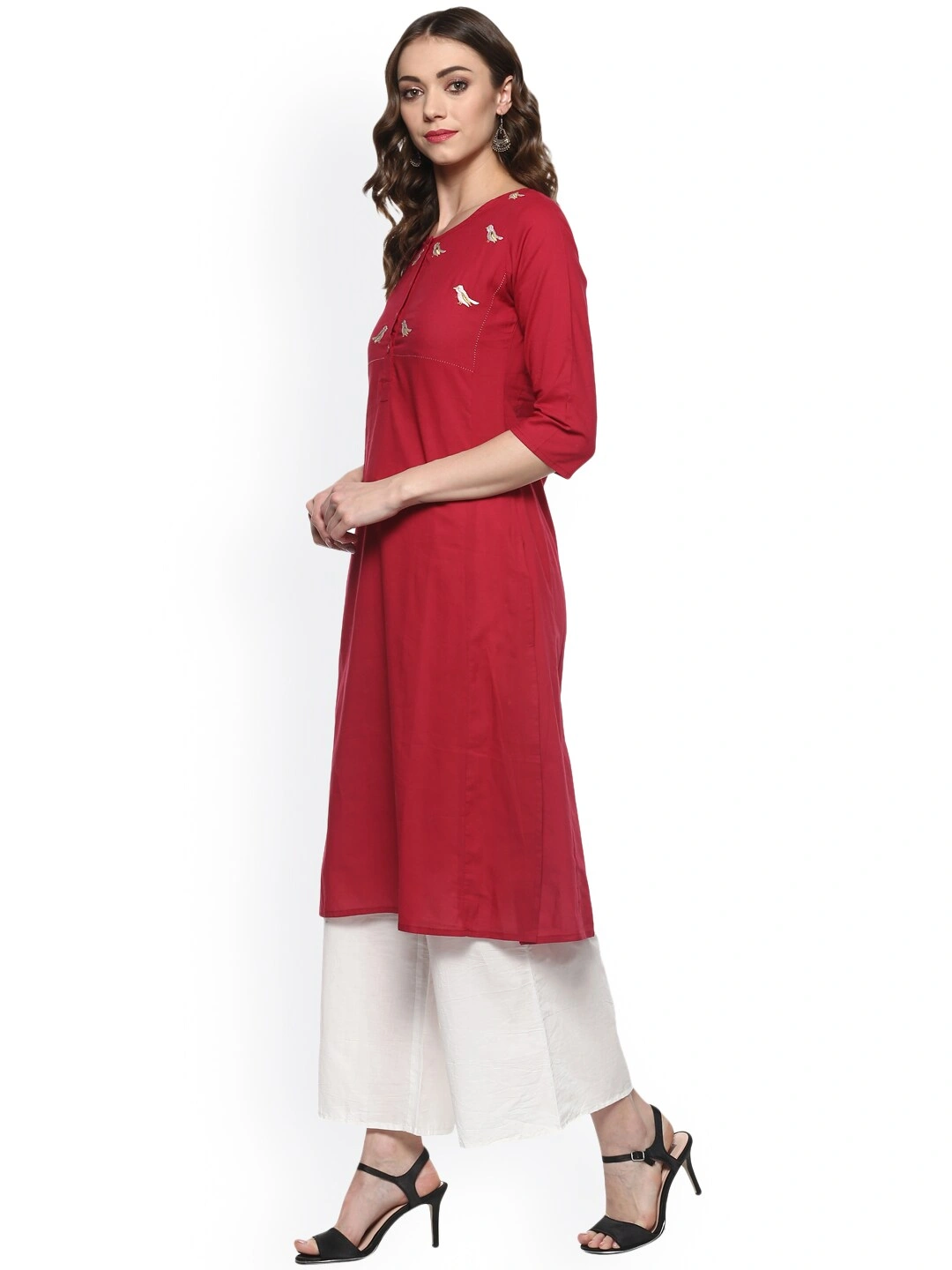 Bhama Couture Women Red &amp; White Embroidered Kurta with Palazzos-L-1