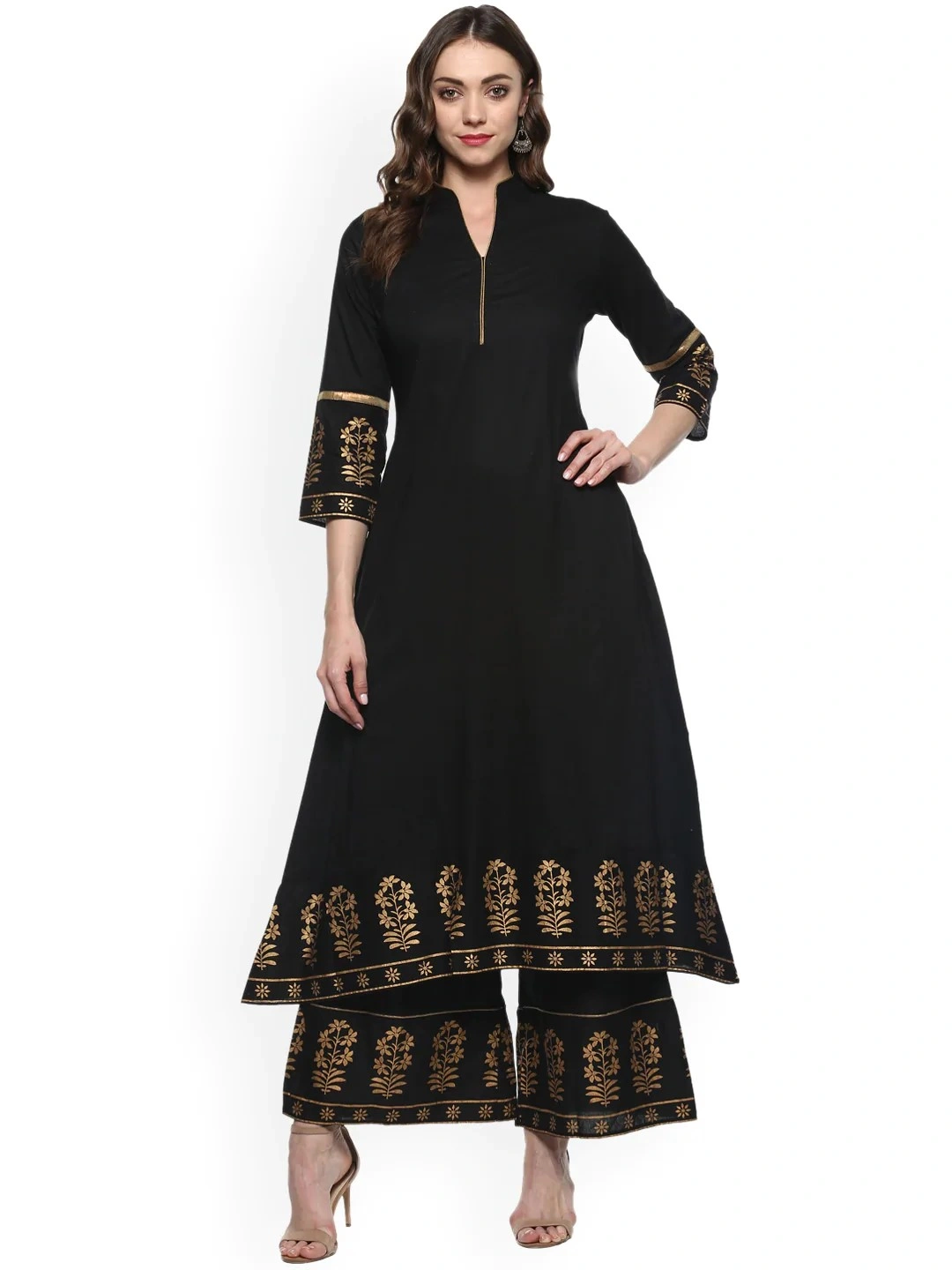 Bhama Couture Women Black &amp; Gold-Toned Solid Kurta with Palazzos-BHKS016_L