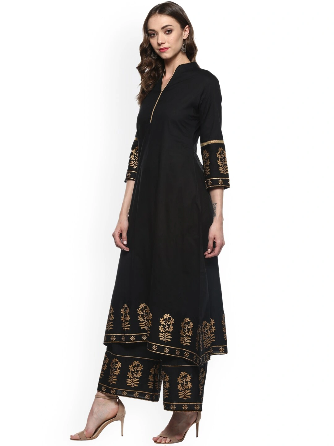 Bhama Couture Women Black &amp; Gold-Toned Solid Kurta with Palazzos-M-1