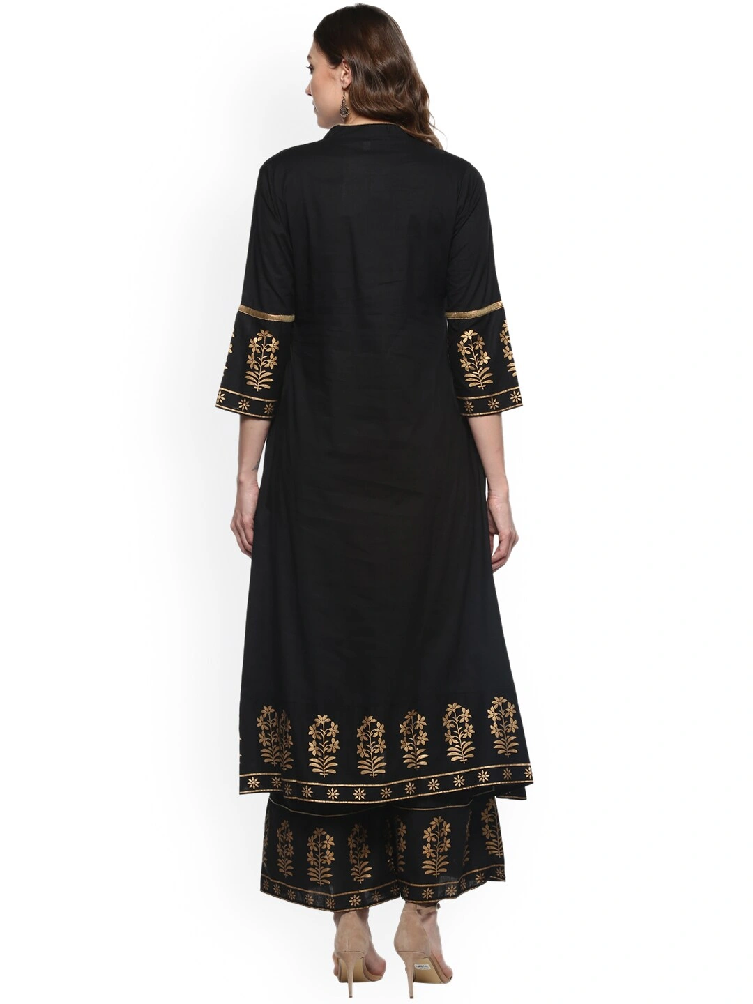 Bhama Couture Women Black &amp; Gold-Toned Solid Kurta with Palazzos-M-2