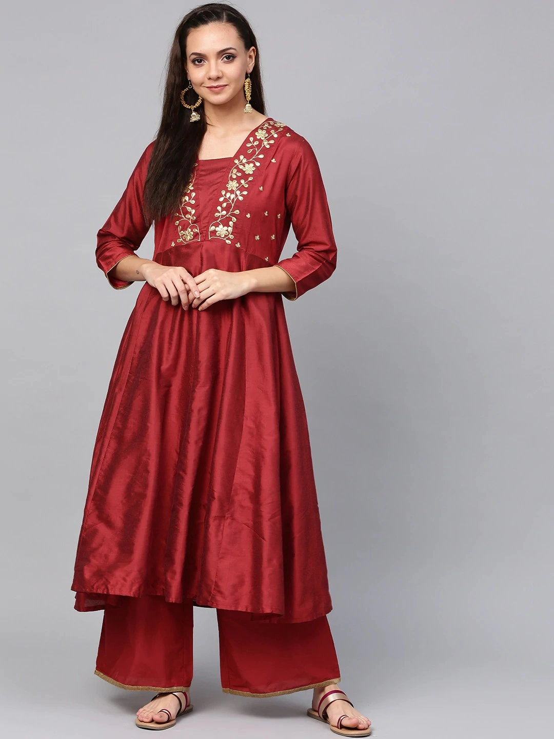 Bhama Couture Women Maroon &amp; Gold-Toned Embroidered Kurta with Palazzos-BHKS019_L