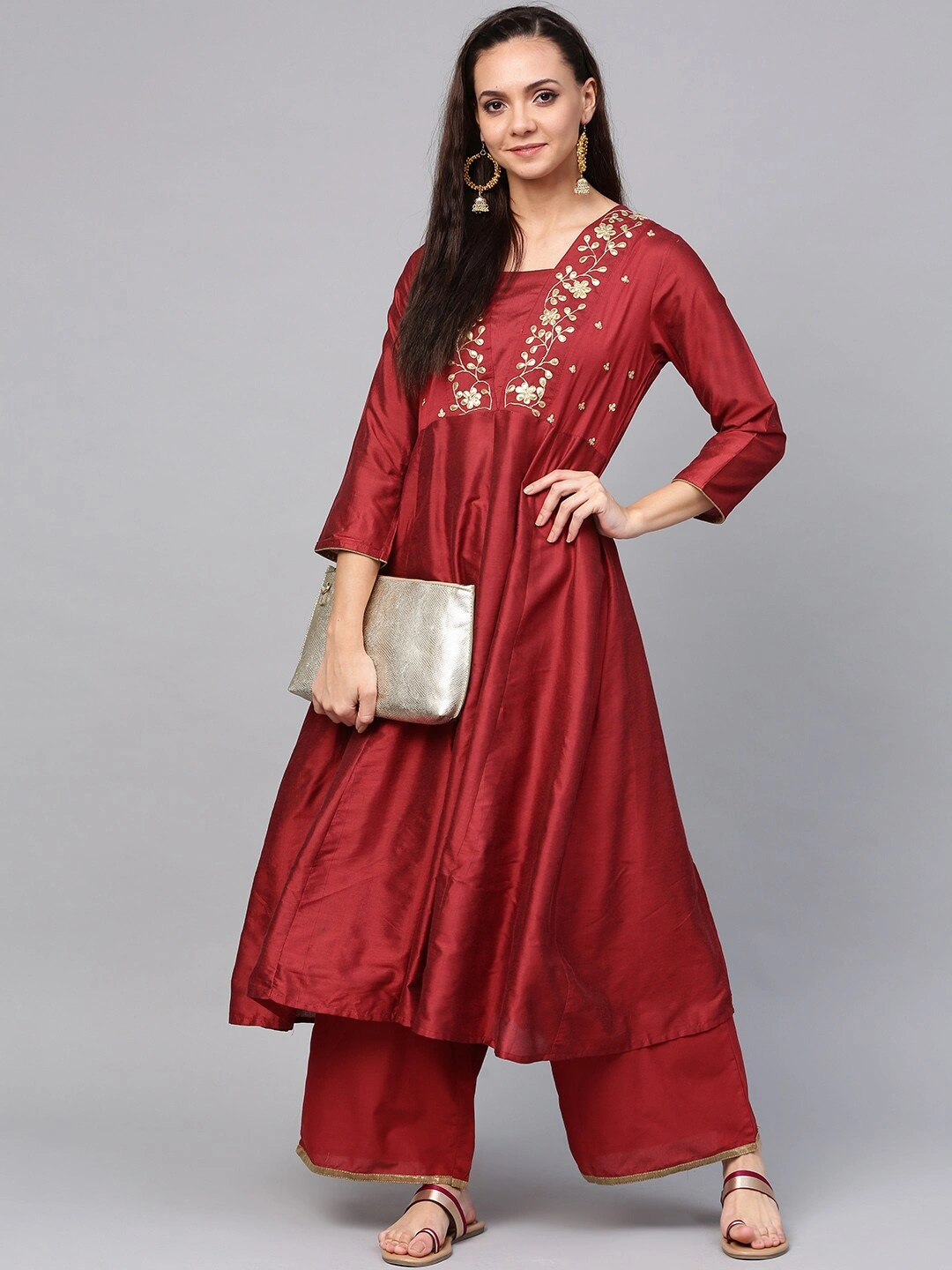 Bhama Couture Women Maroon &amp; Gold-Toned Embroidered Kurta with Palazzos-L-1