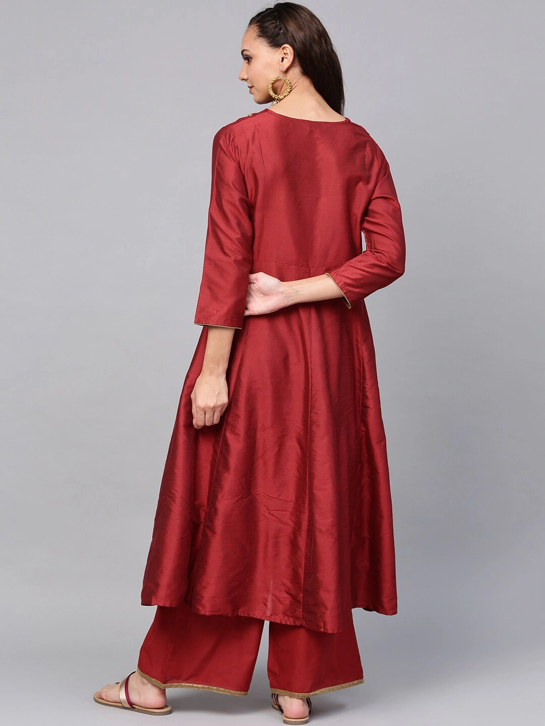 Bhama Couture Women Maroon &amp; Gold-Toned Embroidered Kurta with Palazzos-L-3