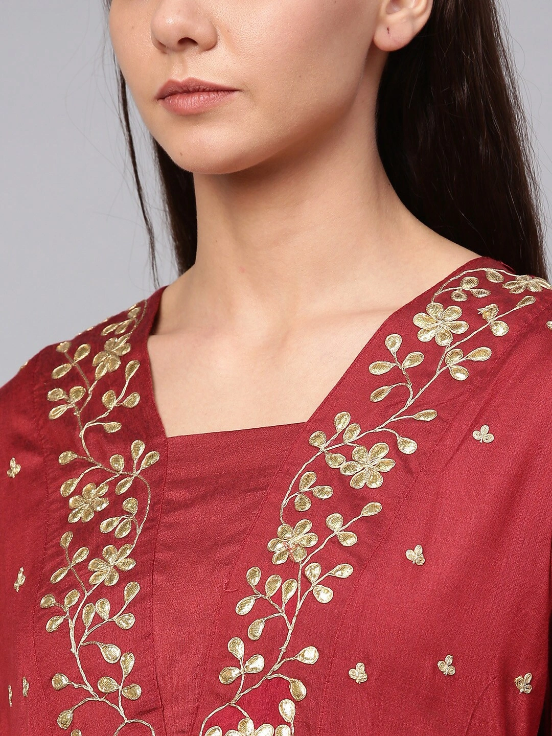 Bhama Couture Women Maroon &amp; Gold-Toned Embroidered Kurta with Palazzos-L-4