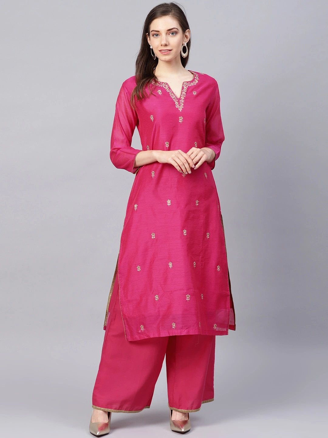 Bhama Couture Women Pink Embroidered Kurta with Palazzos-BHKS020_L