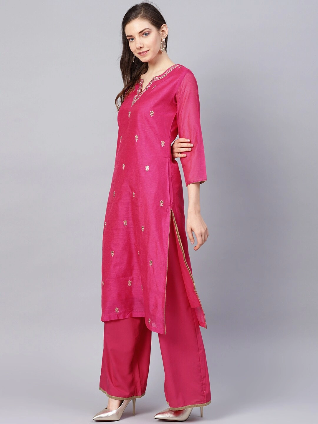 Bhama Couture Women Pink Embroidered Kurta with Palazzos-L-1