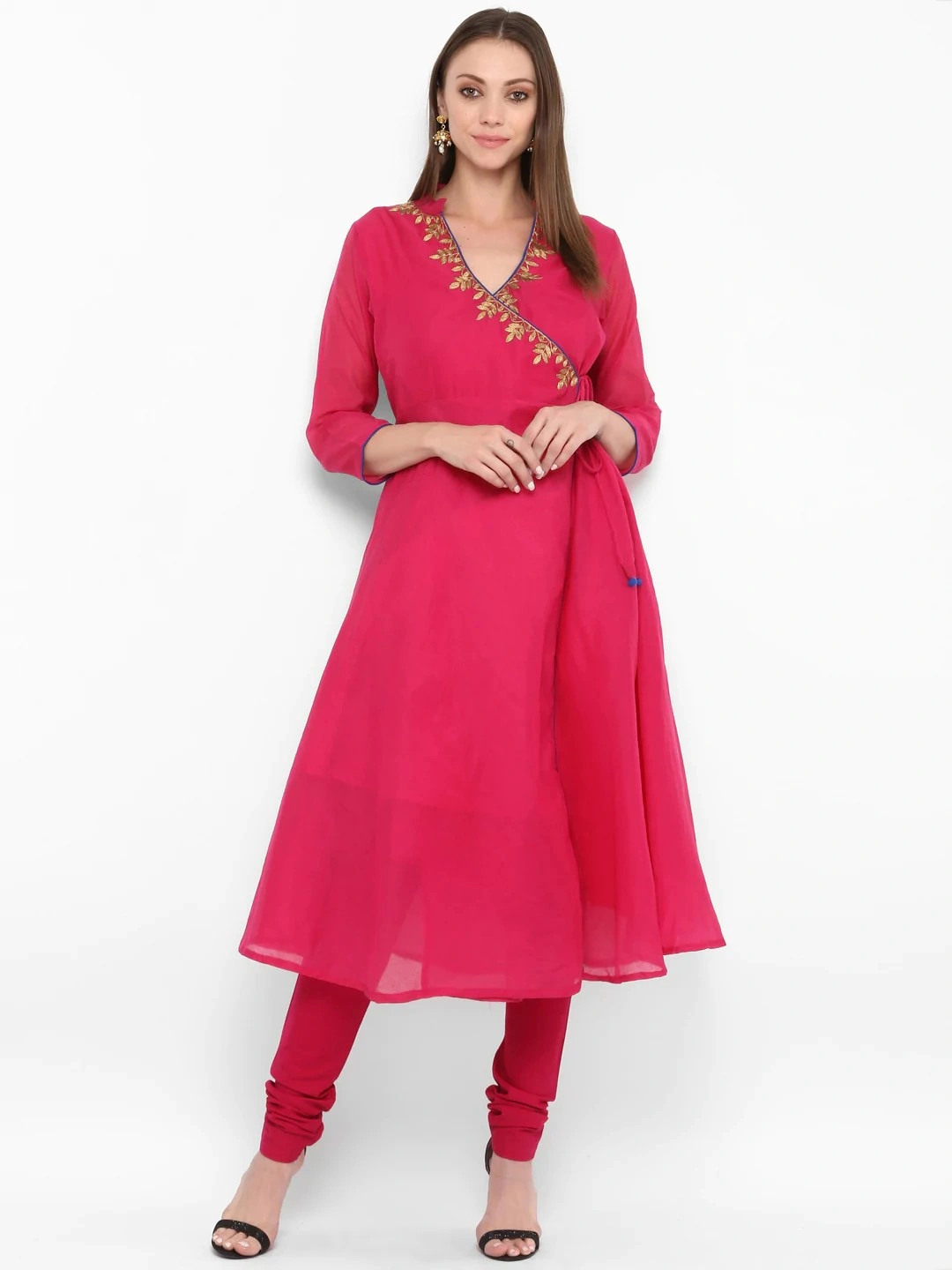 Bhama Couture Women Pink Embroidered Kurta with Churidar-BHKS021_M