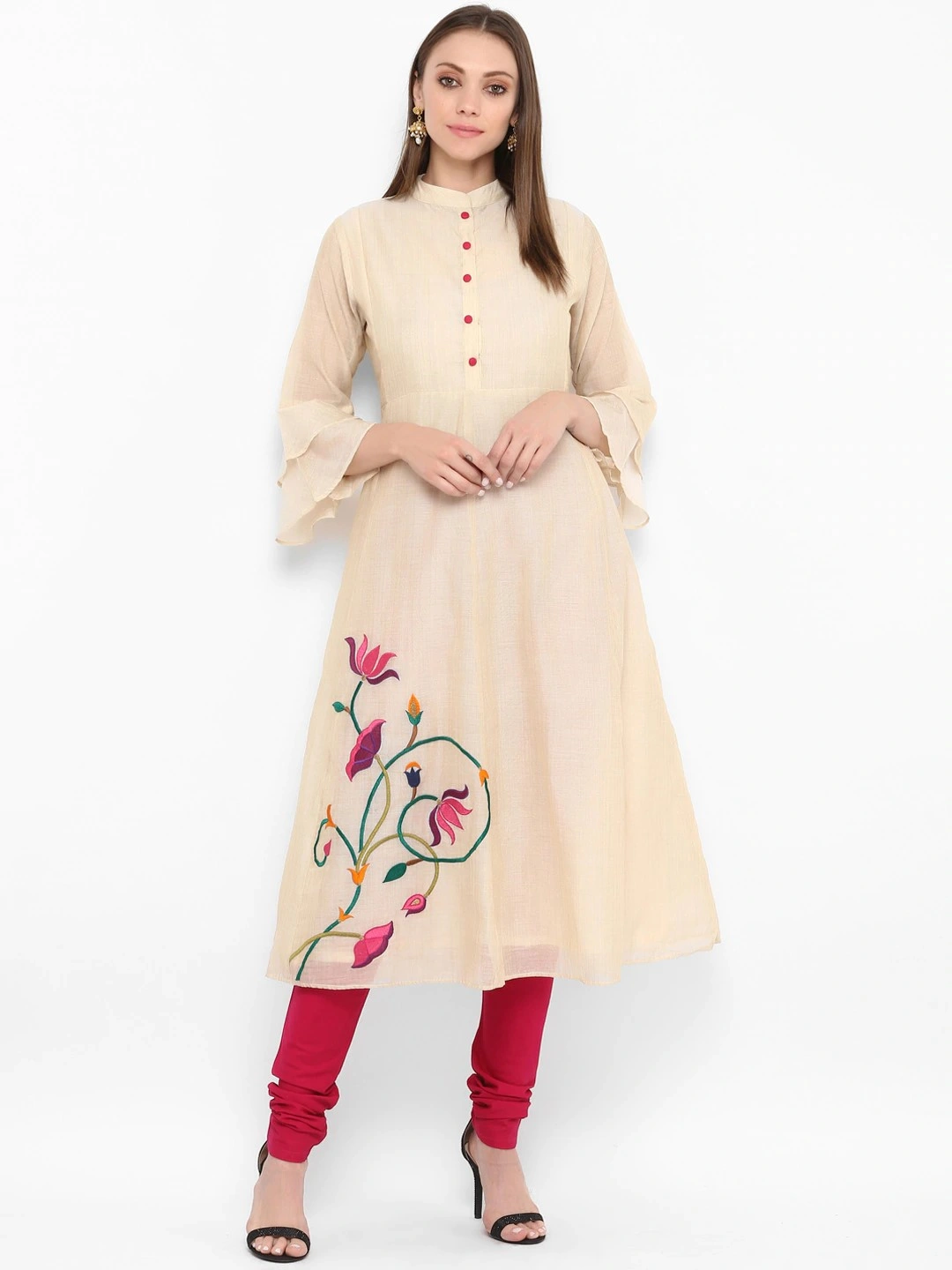 Bhama Couture Women Beige &amp; Pink Embroidered Kurta with Churidar-BHKS022_L