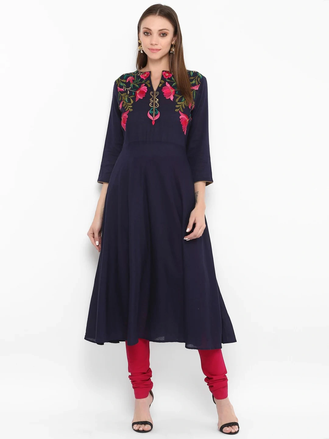 Bhama Couture Women Navy Blue &amp; Red Embroidered Kurta with Churidar-BHKS023_L