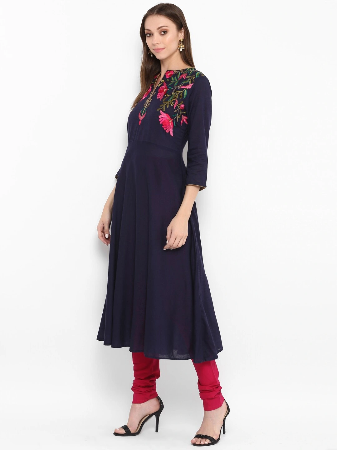 Bhama Couture Women Navy Blue &amp; Red Embroidered Kurta with Churidar-L-1