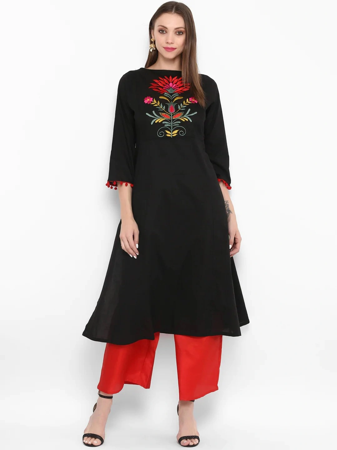 Bhama Couture Women Black &amp; Red Embroidered Kurta with Palazzos-BHKS024_M