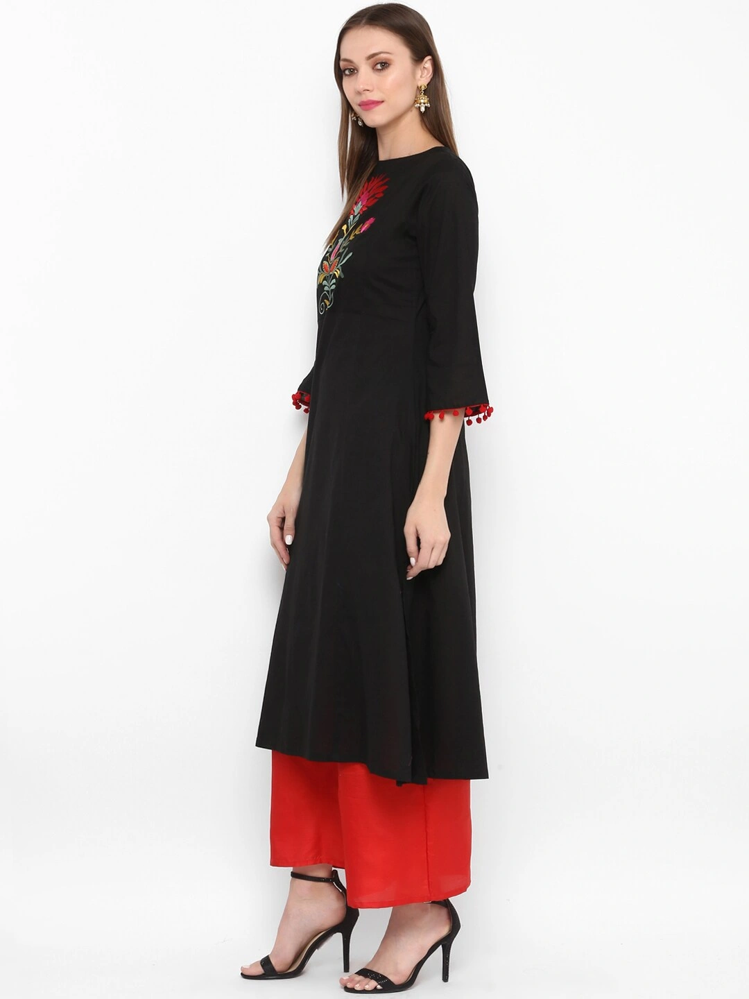 Bhama Couture Women Black &amp; Red Embroidered Kurta with Palazzos-M-1