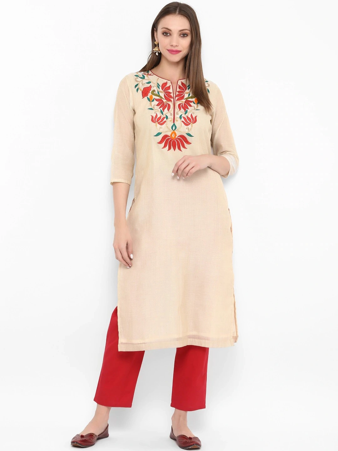 Bhama Couture Women Peach-Coloured &amp; Red Embroidered Kurta with Trousers-BHKS026_M