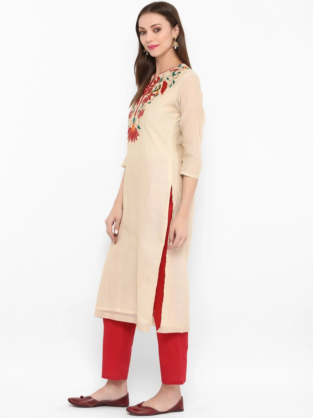 Bhama Couture Women Peach-Coloured &amp; Red Embroidered Kurta with Trousers-M-1