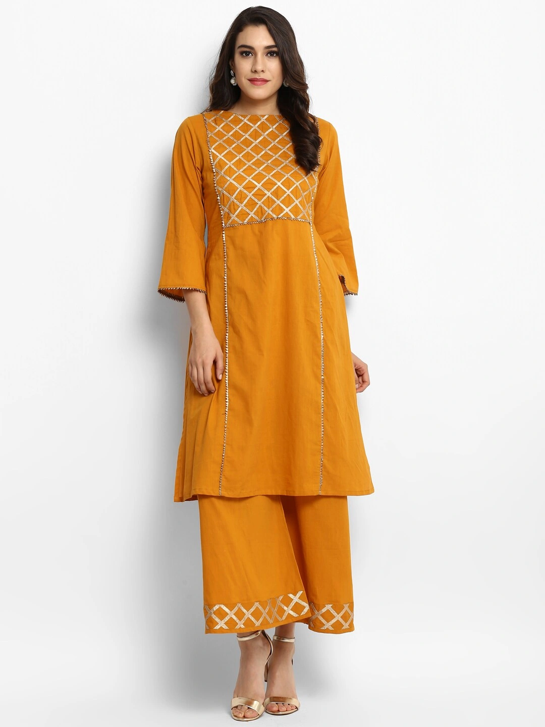 Bhama Couture Women Yellow Embellished Kurta with Palazzos-BHKS027_L