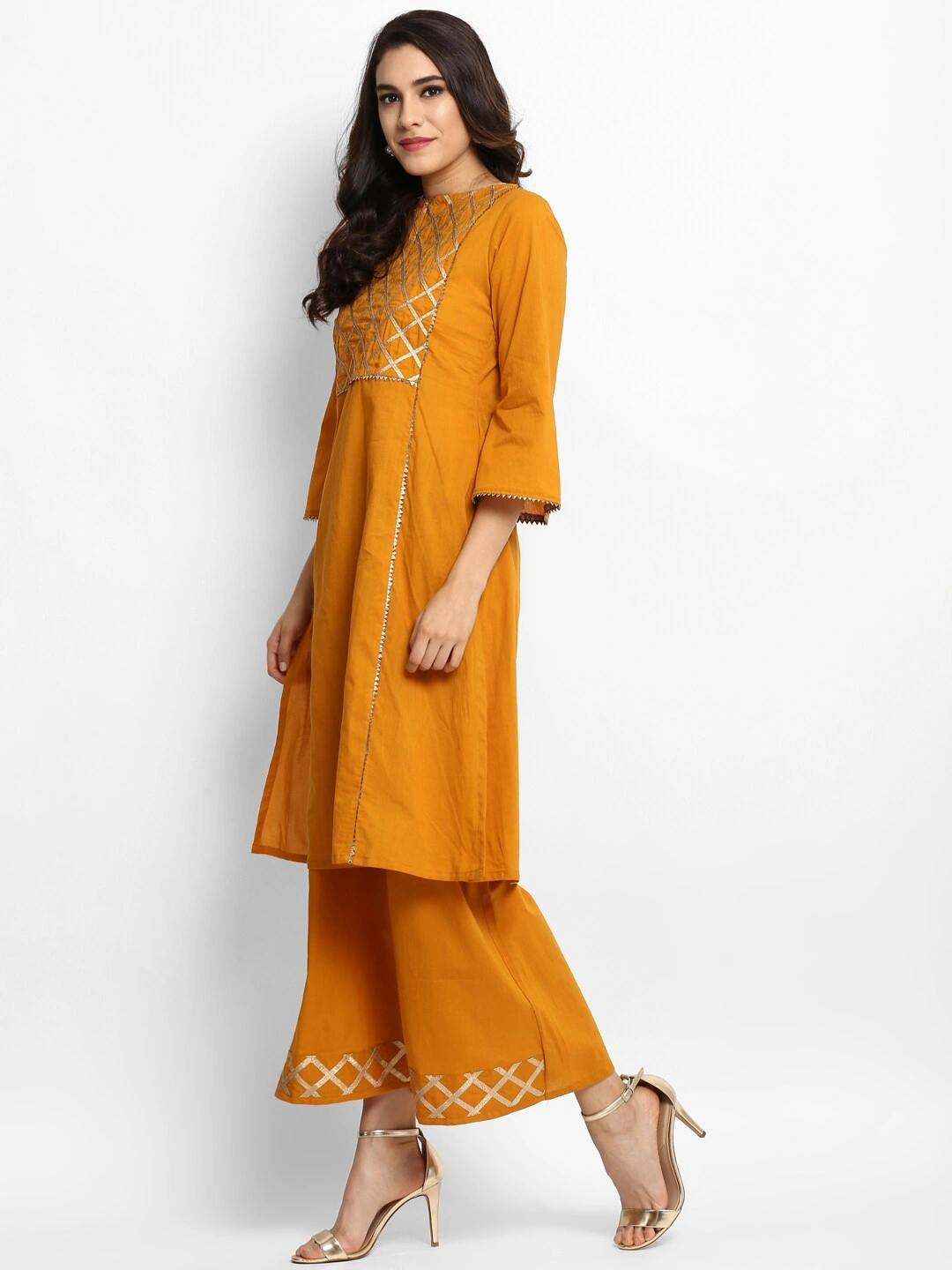 Bhama Couture Women Yellow Embellished Kurta with Palazzos-L-1