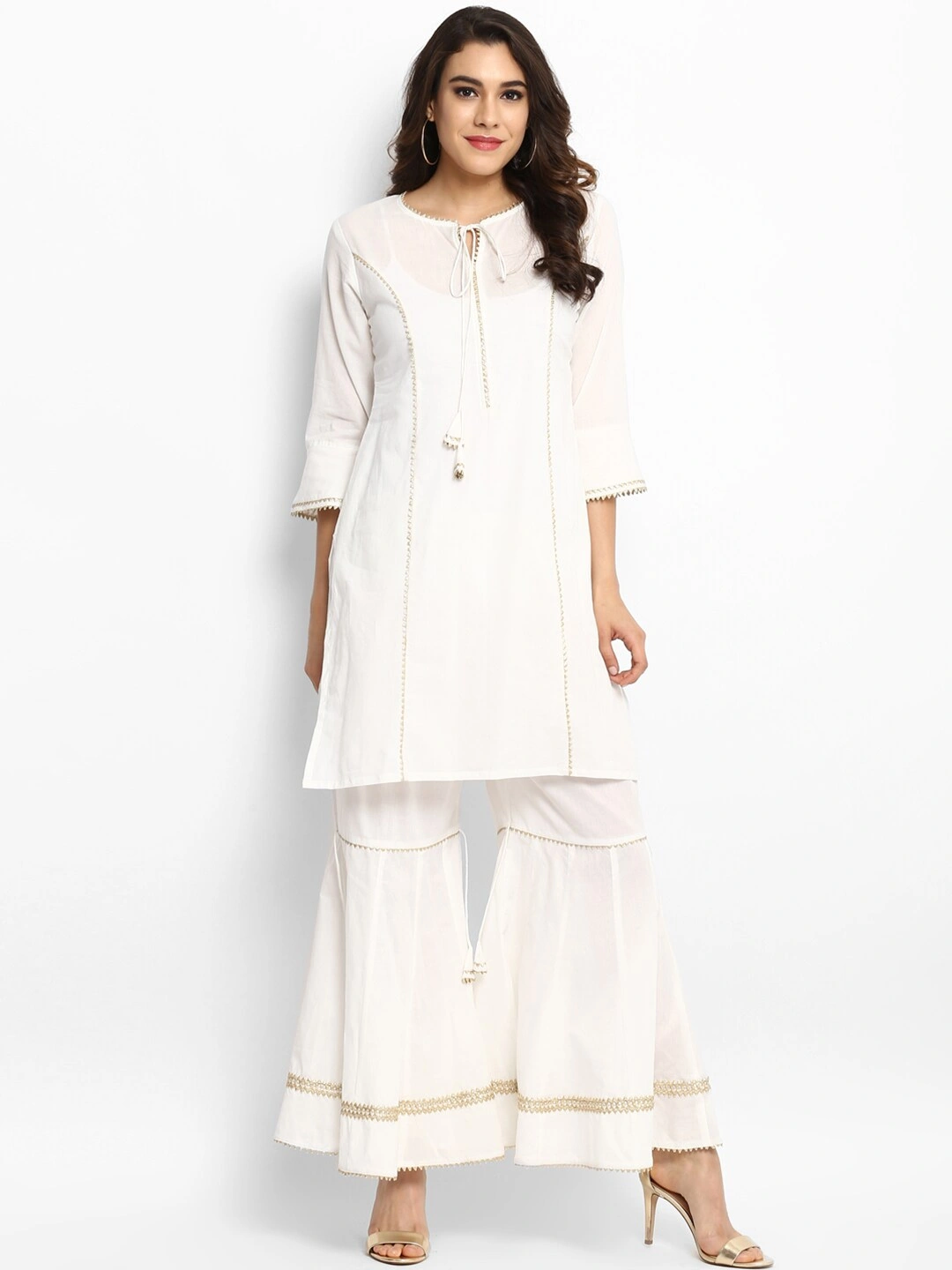 Bhama Couture Women White Solid Kurta with Palazzos-BHKS030_L