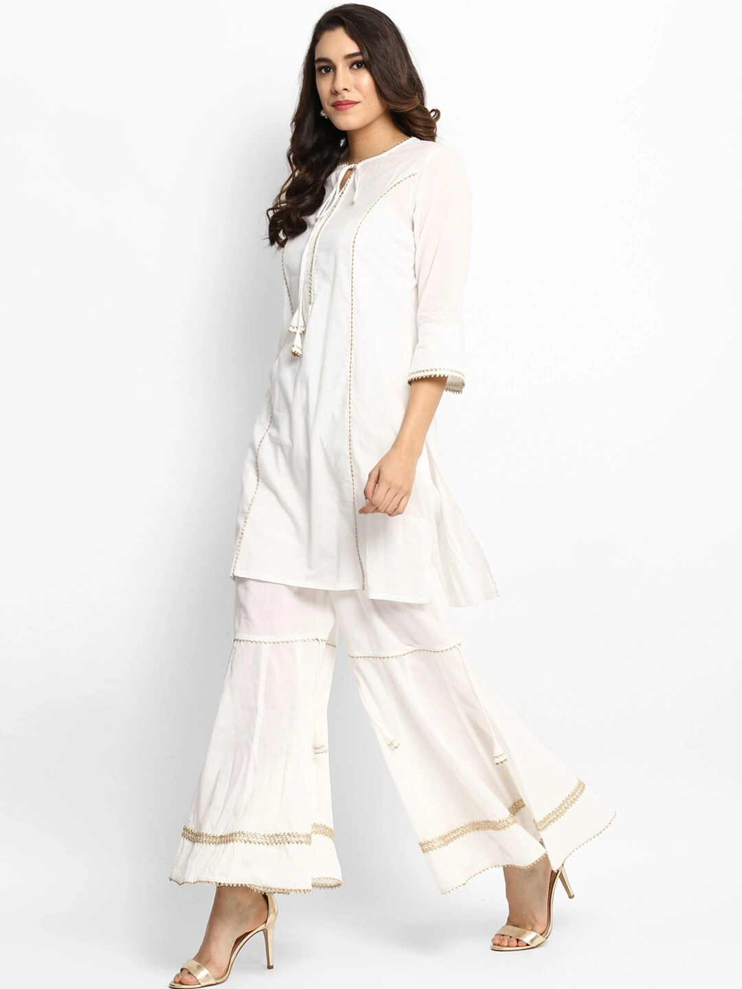 Bhama Couture Women White Solid Kurta with Palazzos-L-1