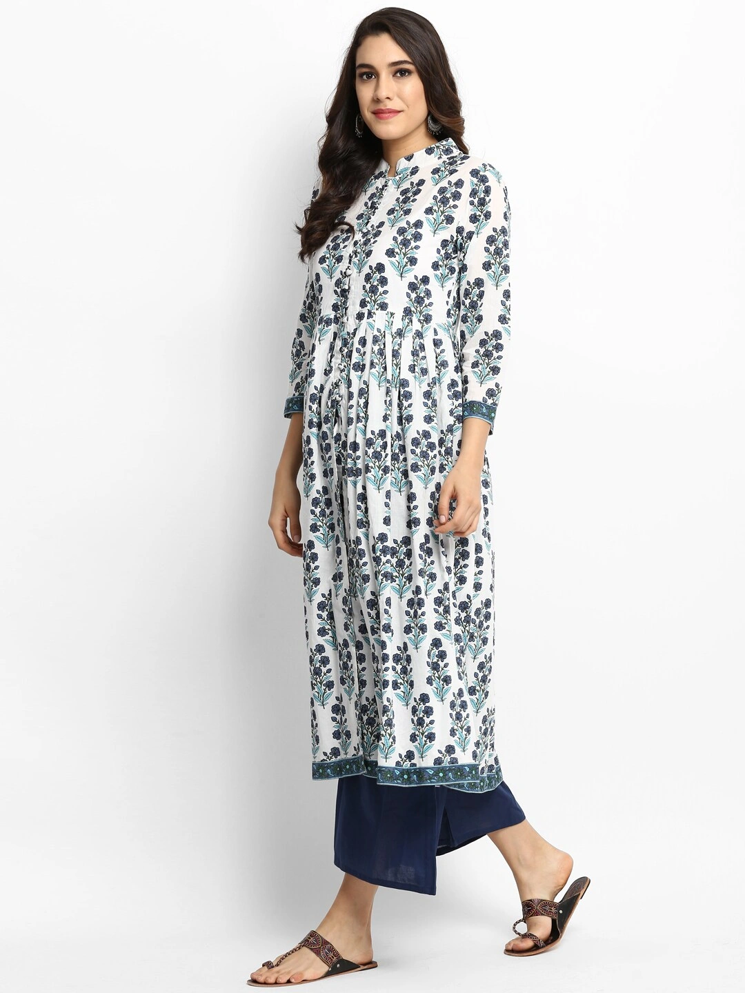 Bhama Couture Women White &amp; Navy Blue Printed Kurta with Palazzos-L-1