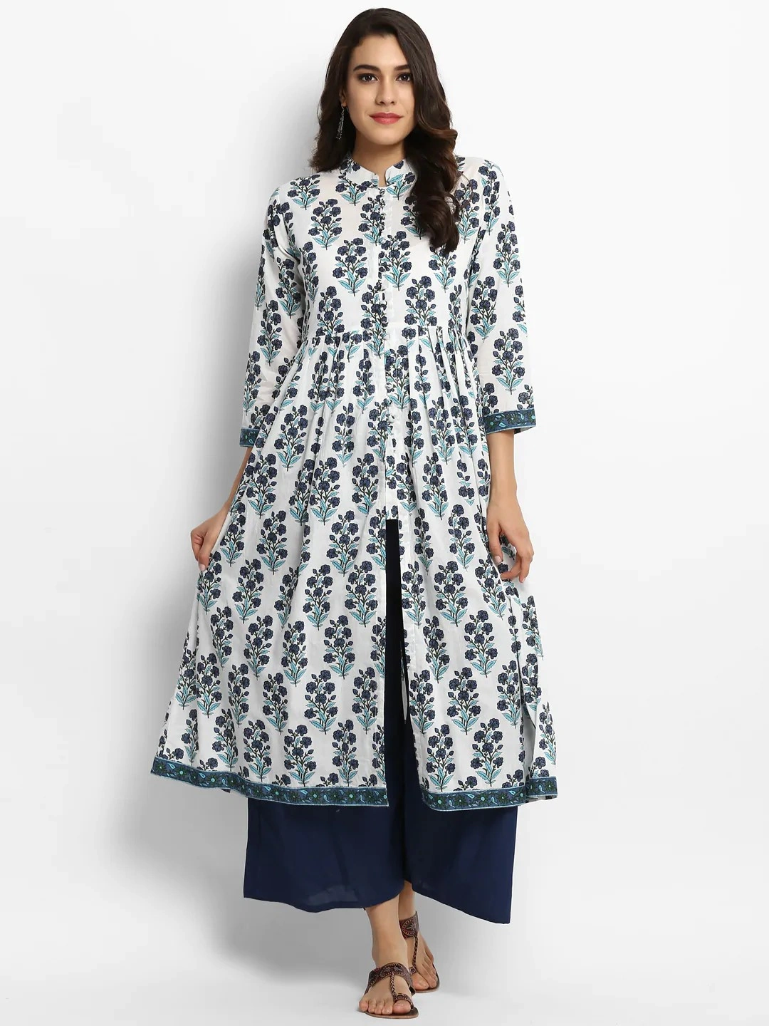 Bhama Couture Women White &amp; Navy Blue Printed Kurta with Palazzos-BHKS034_S