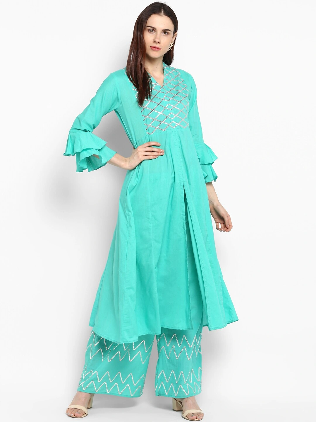 Bhama Couture Women Sea Green Yoke Design Kurta with Palazzos-BHKS035_M