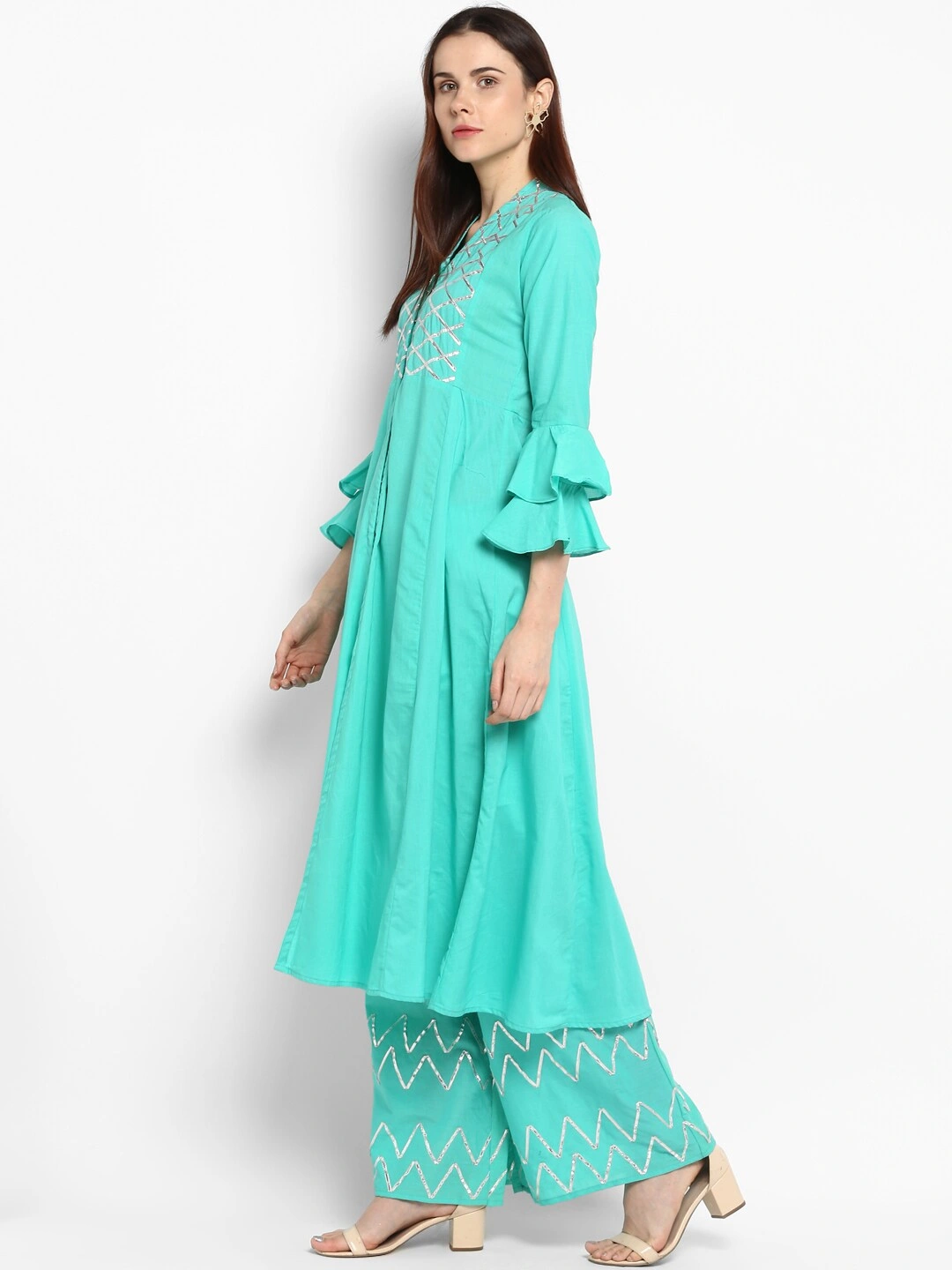 Bhama Couture Women Sea Green Yoke Design Kurta with Palazzos-M-1