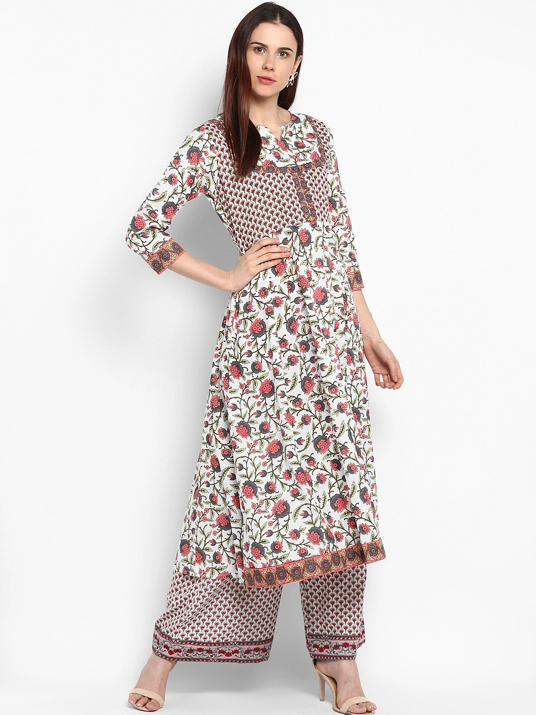 Bhama Couture Women Off-White &amp; Red Printed Kurta with Palazzos-BHKS039_L