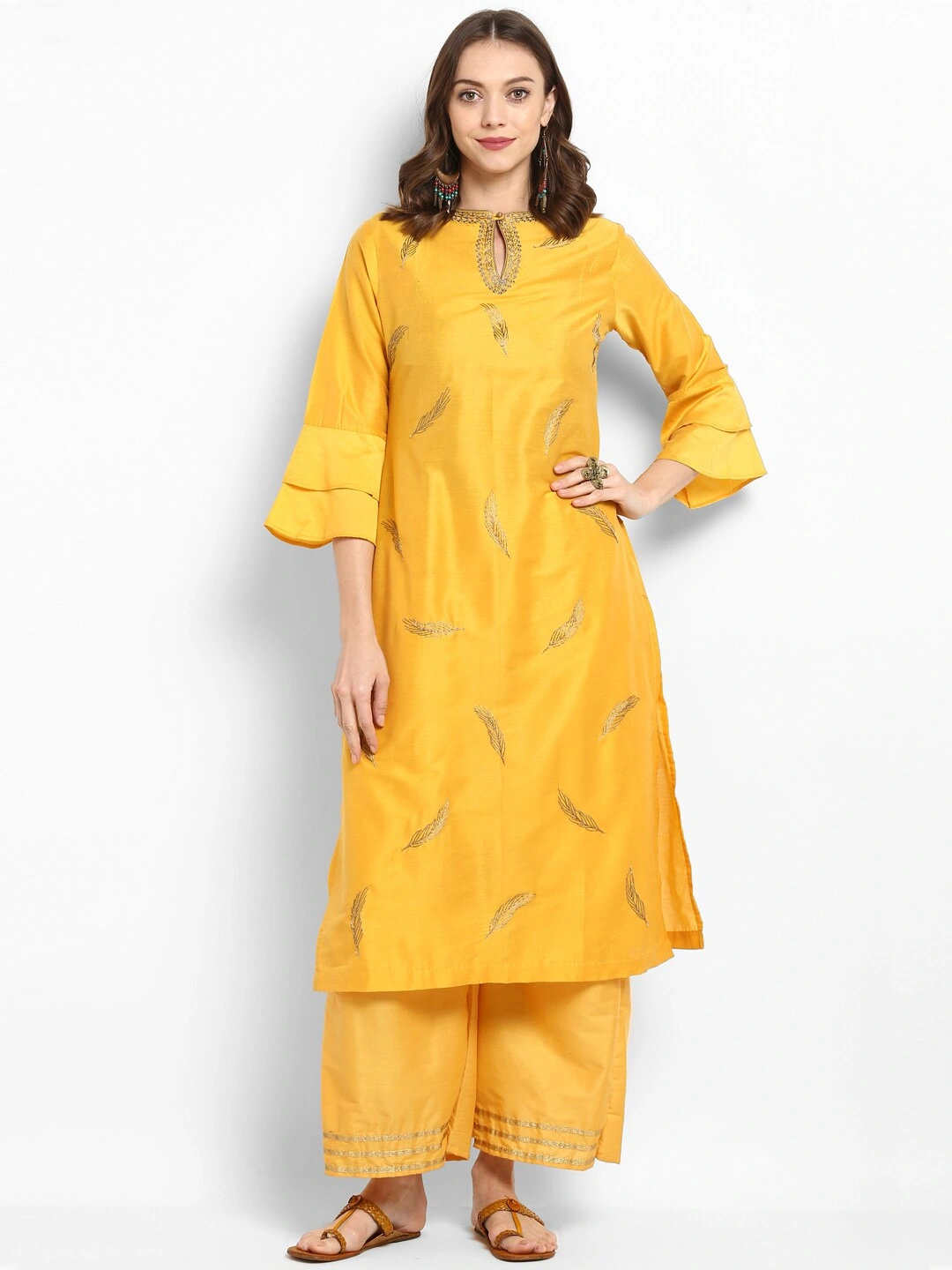 Bhama Couture Women Yellow Embroidered Kurta with Palazzos-BHKS042_XL