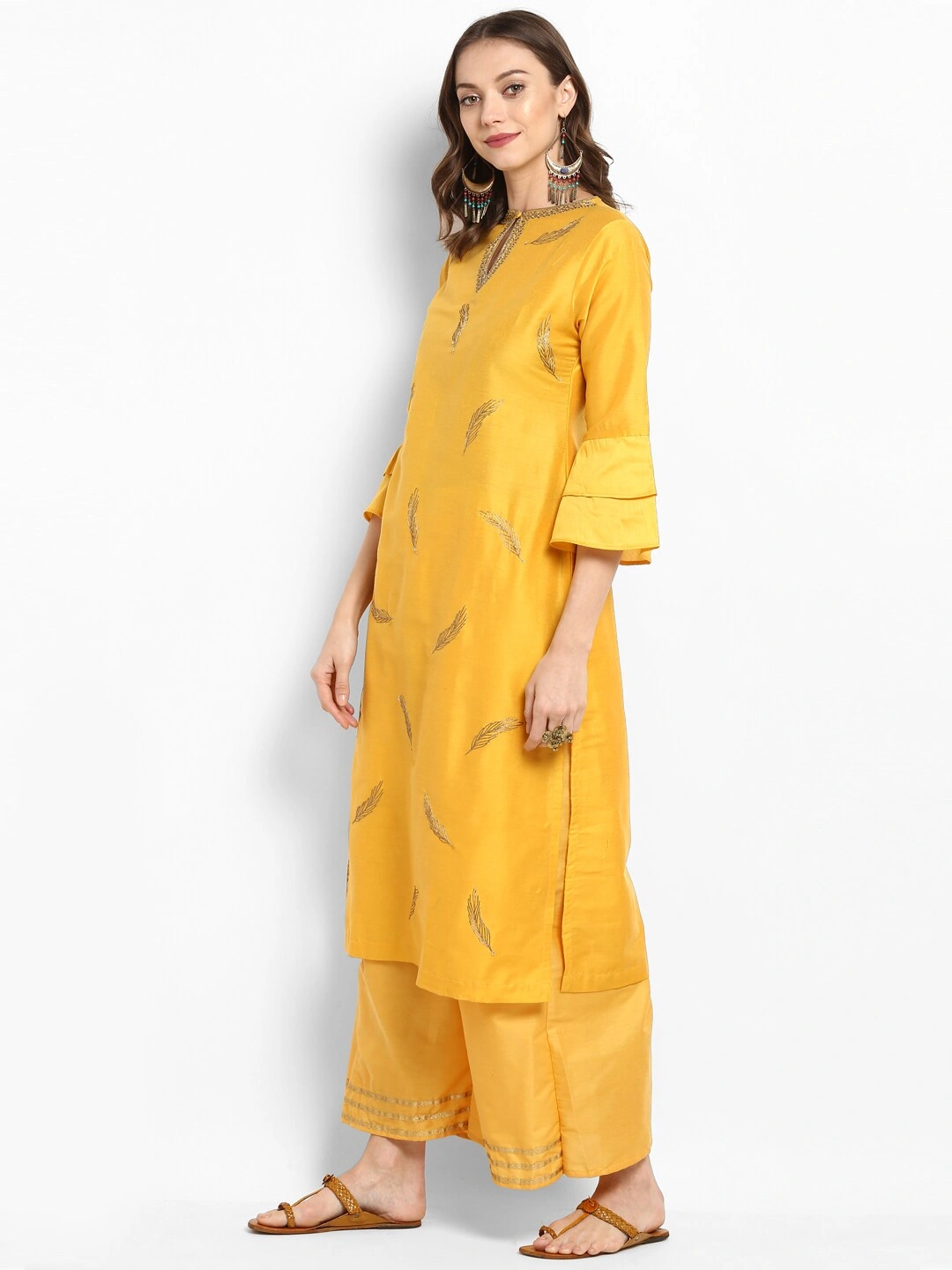 Bhama Couture Women Yellow Embroidered Kurta with Palazzos-XL-1