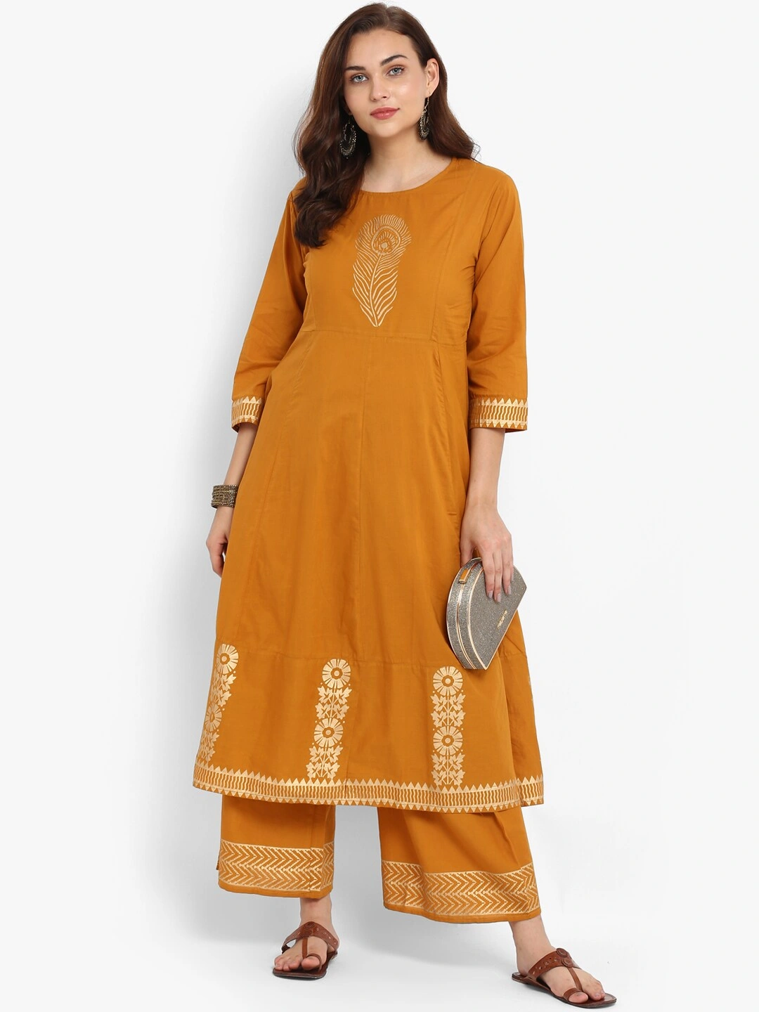 Bhama Couture Women Mustard &amp; Gold-Coloured Printed Kurta with Palazzos-BHKS046_L