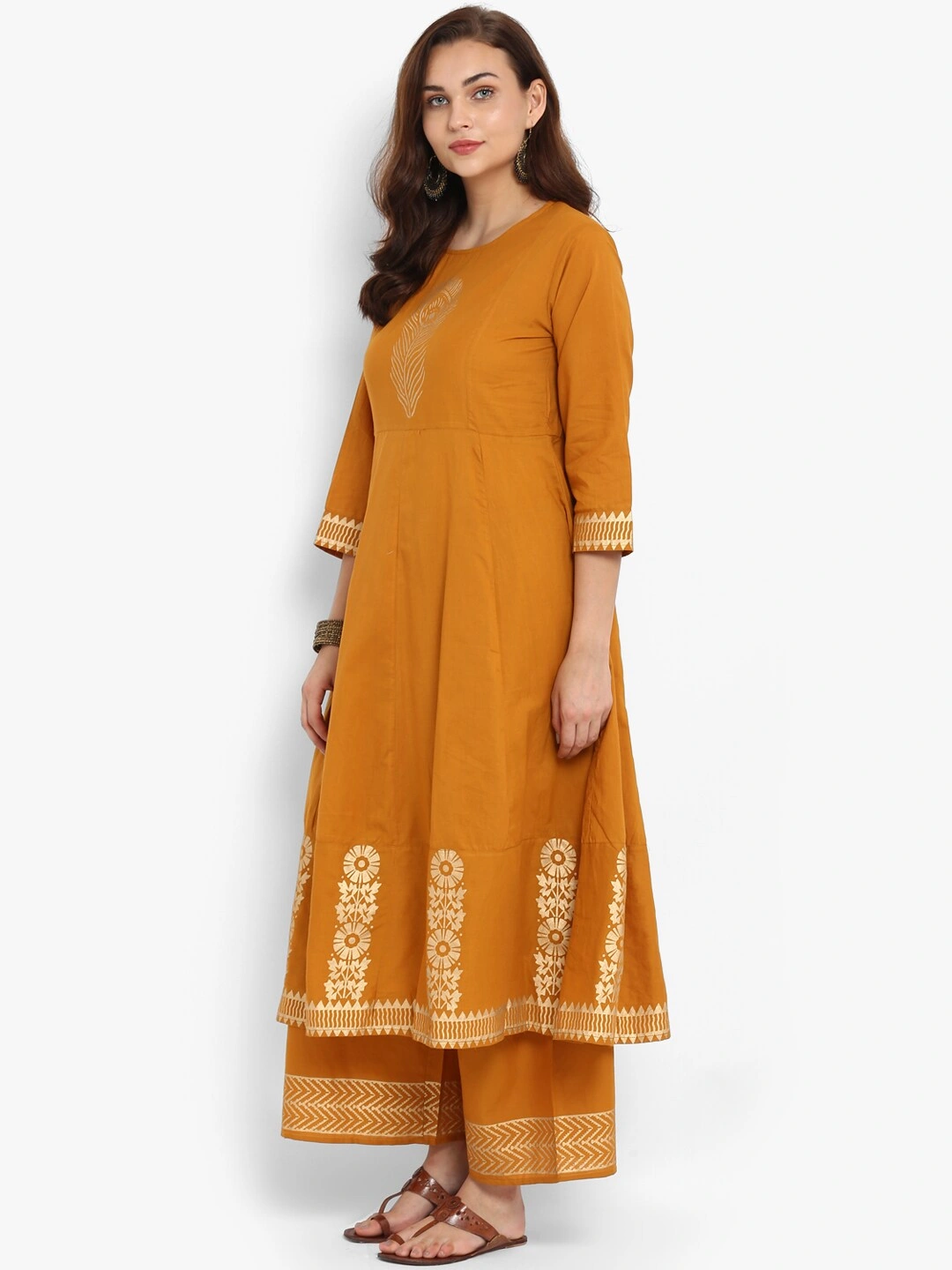 Bhama Couture Women Mustard &amp; Gold-Coloured Printed Kurta with Palazzos-L-1