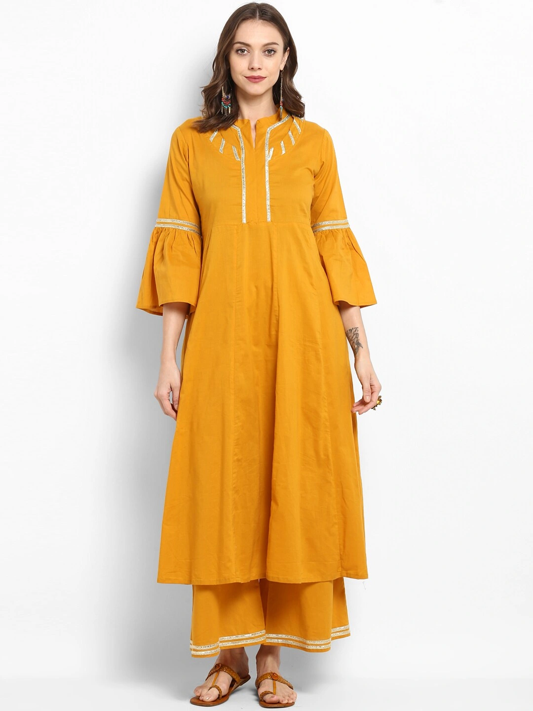 Bhama Couture Women Yellow Yoke Design Kurta with Palazzos-BHKS058_L