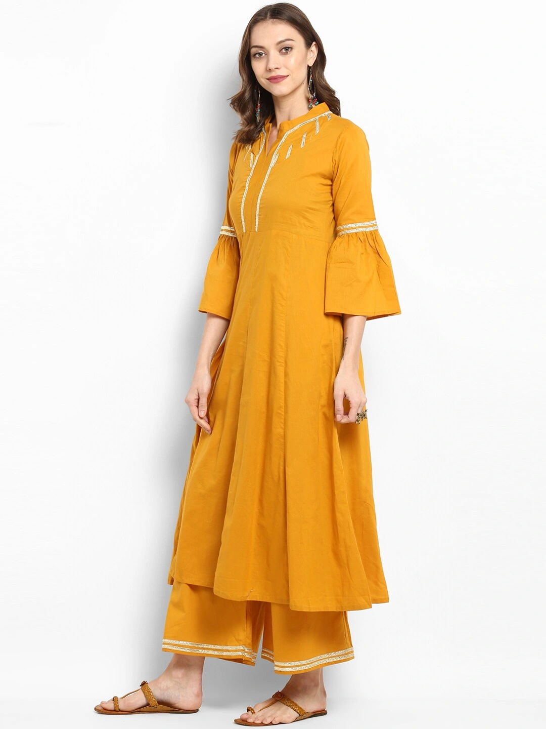 Bhama Couture Women Yellow Yoke Design Kurta with Palazzos-M-1