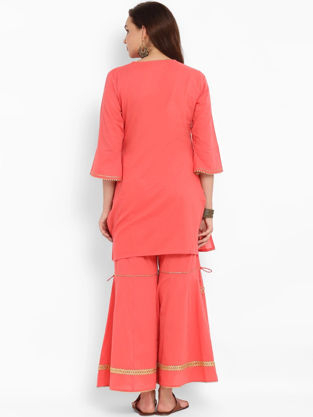 Bhama Couture Women Peach-Coloured Solid Kurta with Palazzos-S-2