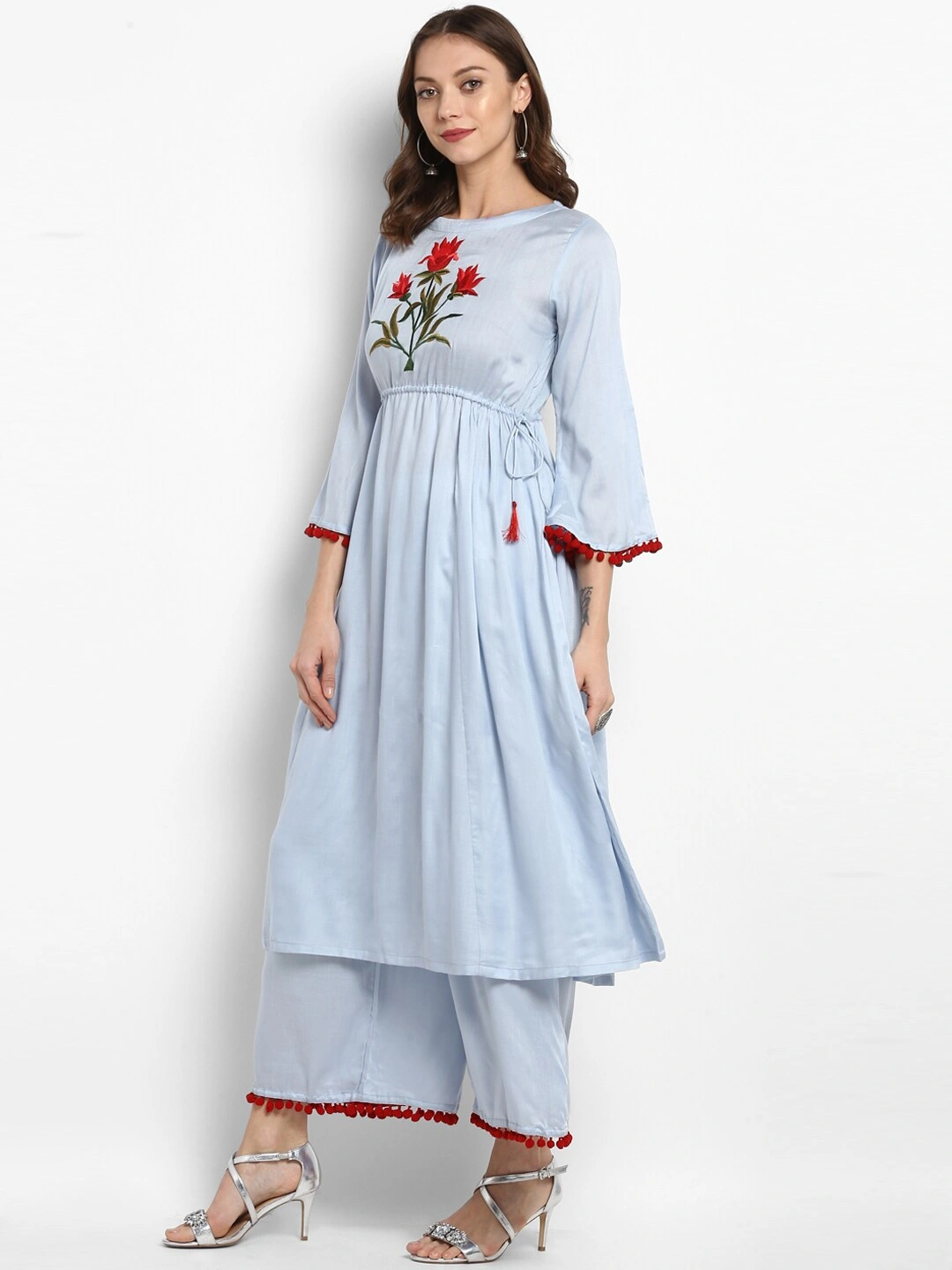 Bhama Couture Women Blue Embroidered Kurta with Palazzos-XL-1