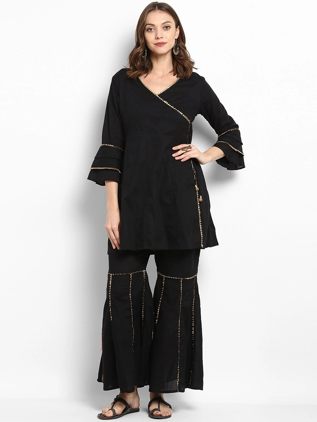 Bhama Couture Women Black Solid Kurta with Sharara-BHKS069_L