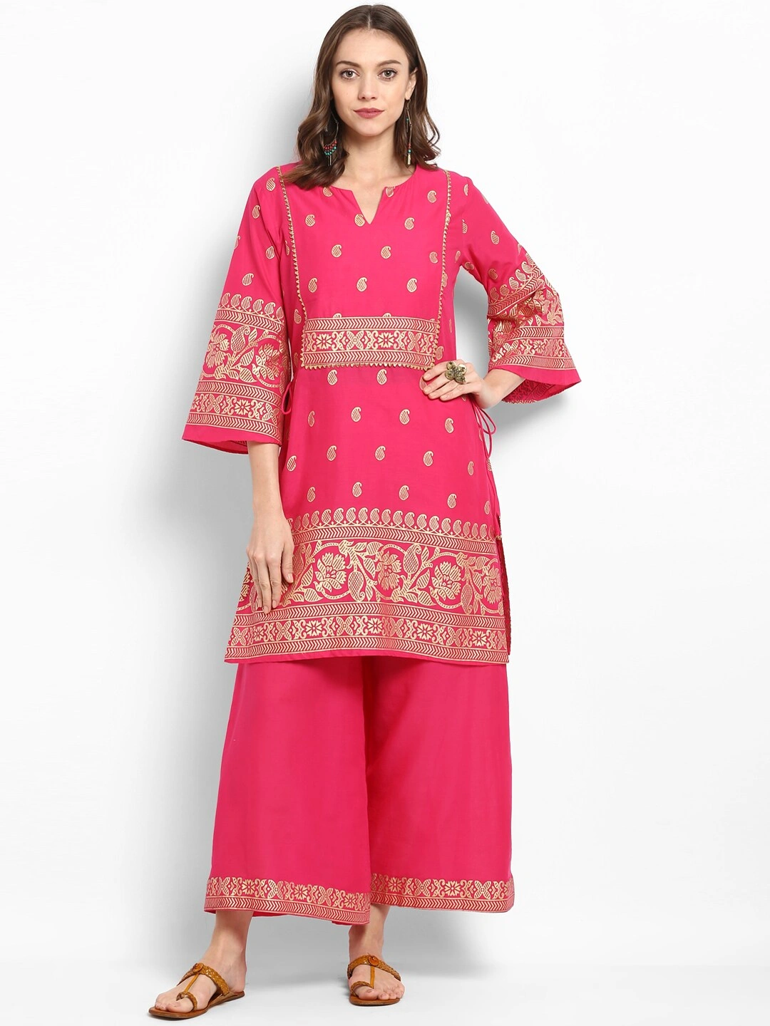 Bhama Couture Women Pink &amp; Gold-Toned Printed Kurti with Palazzos-BHKS070_L