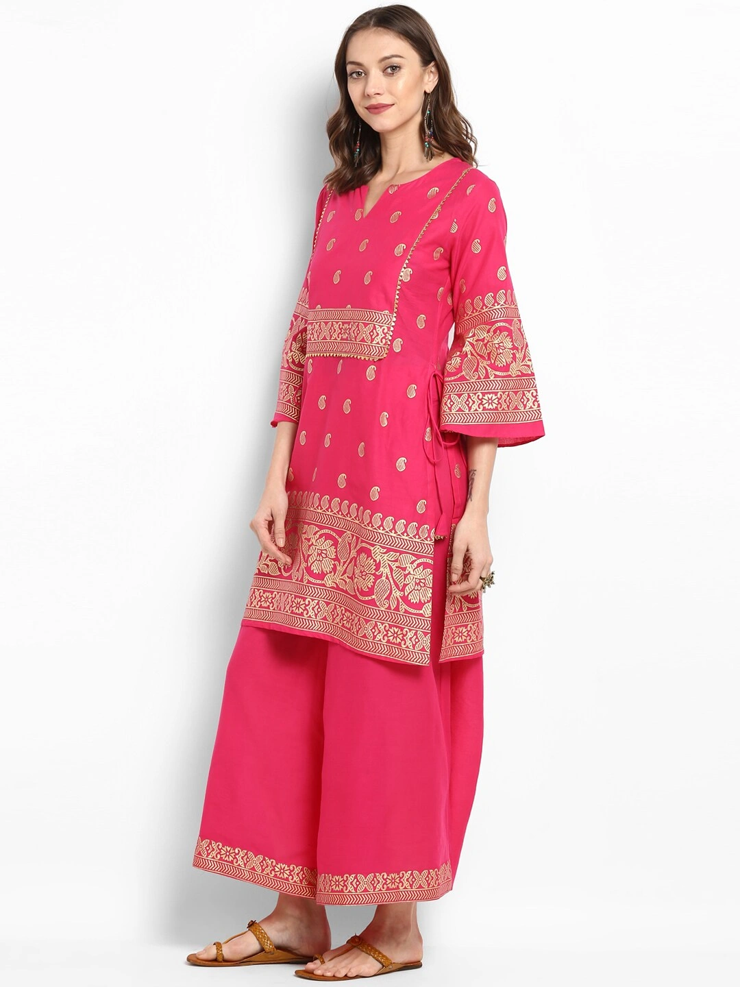 Bhama Couture Women Pink &amp; Gold-Toned Printed Kurti with Palazzos-L-1