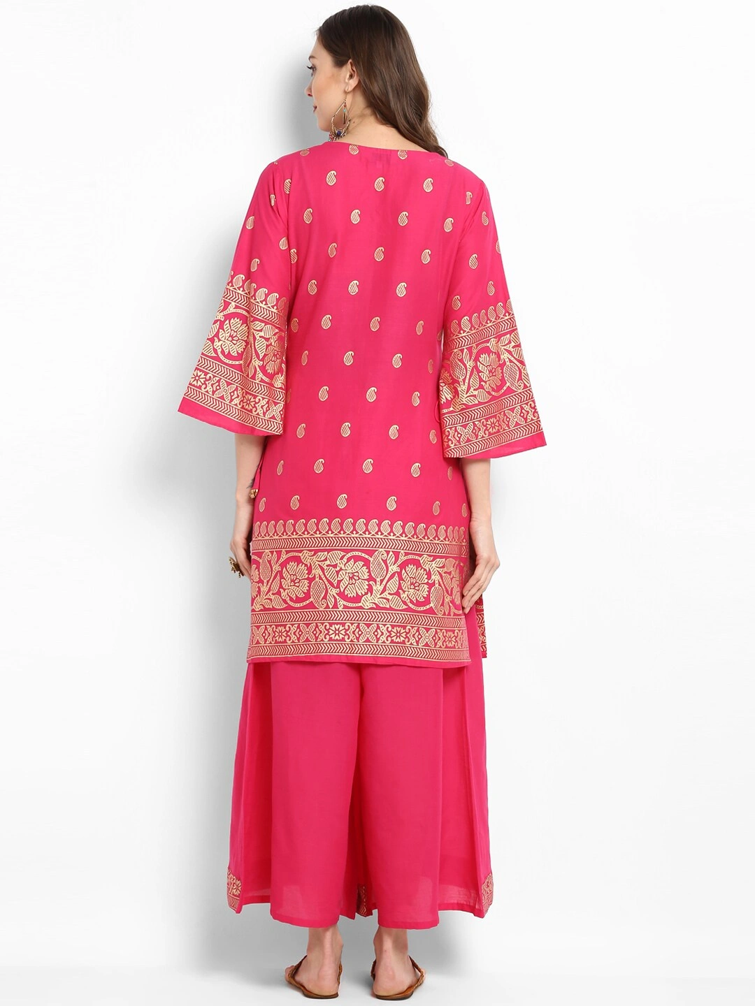 Bhama Couture Women Pink &amp; Gold-Toned Printed Kurti with Palazzos-L-2