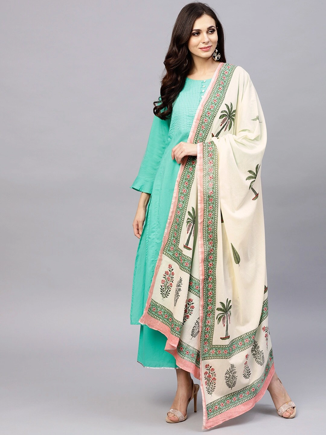 Bhama Couture Women Green &amp; Off-White Yoke Design Kurta with Palazzos &amp; Dupatta-BHKS071_L