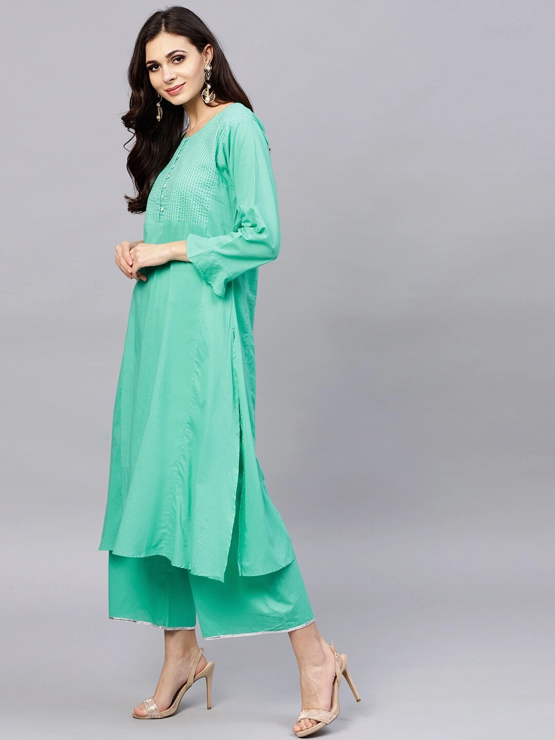 Bhama Couture Women Green &amp; Off-White Yoke Design Kurta with Palazzos &amp; Dupatta-L-1