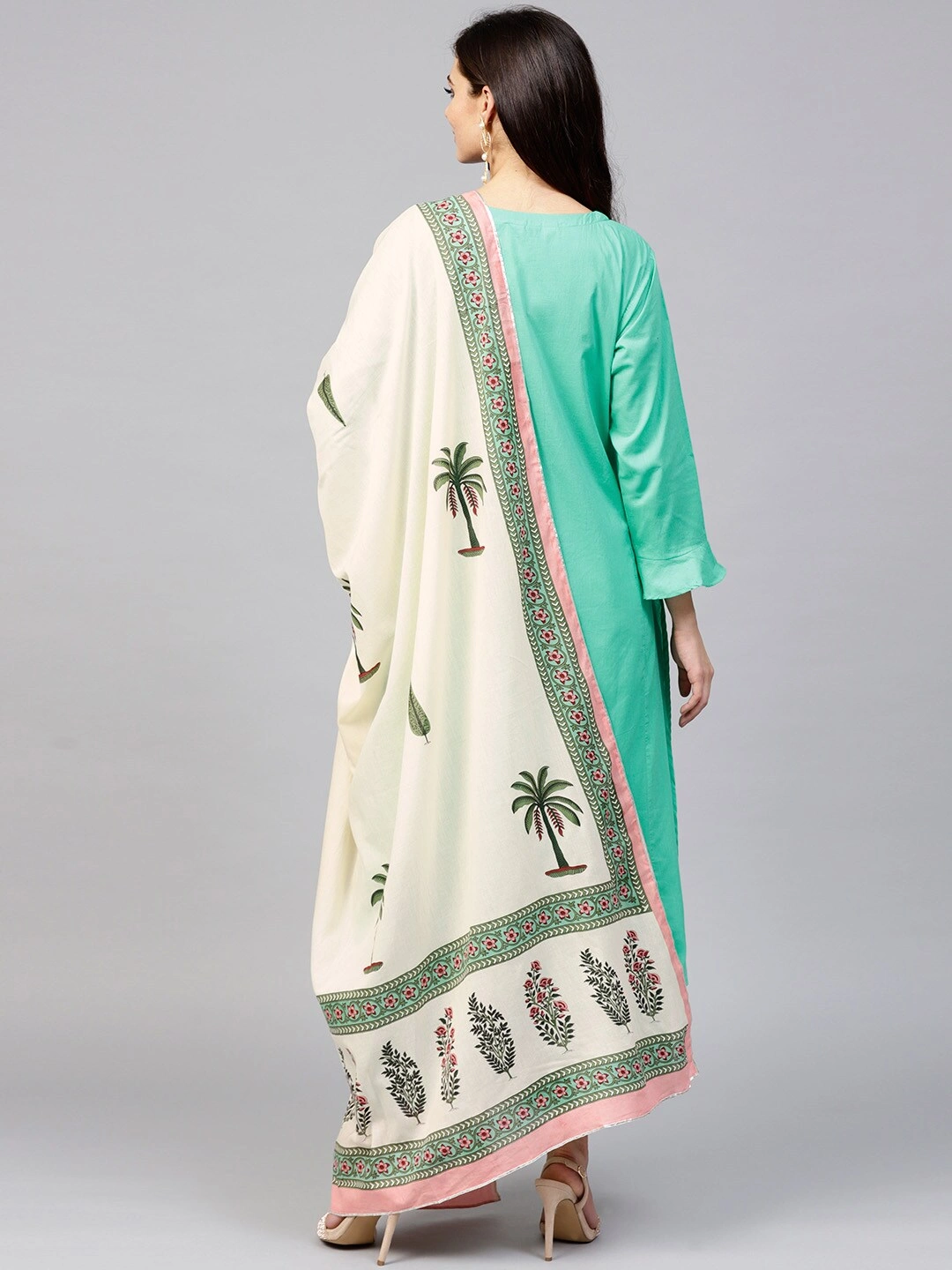 Bhama Couture Women Green &amp; Off-White Yoke Design Kurta with Palazzos &amp; Dupatta-L-2