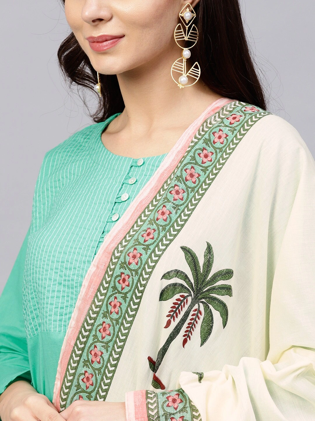 Bhama Couture Women Green &amp; Off-White Yoke Design Kurta with Palazzos &amp; Dupatta-L-3