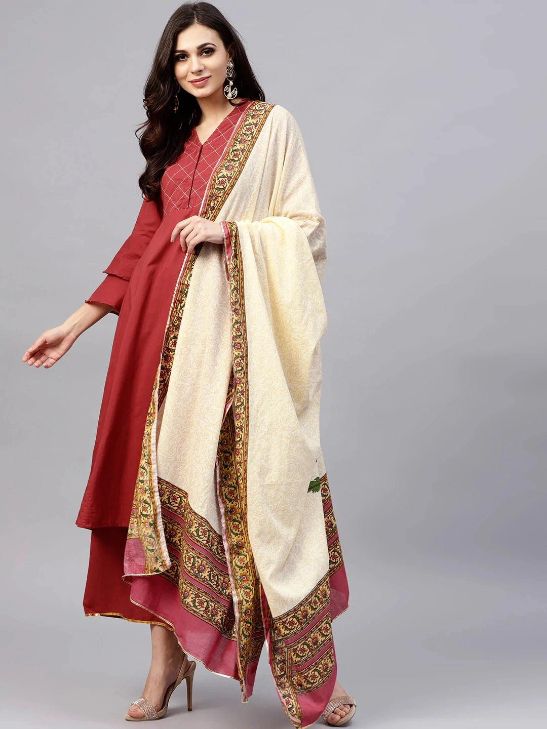 Bhama Couture Women Rust Red &amp; Beige Yoke Design Kurta with Palazzos &amp; Dupatta-BHKS072_L