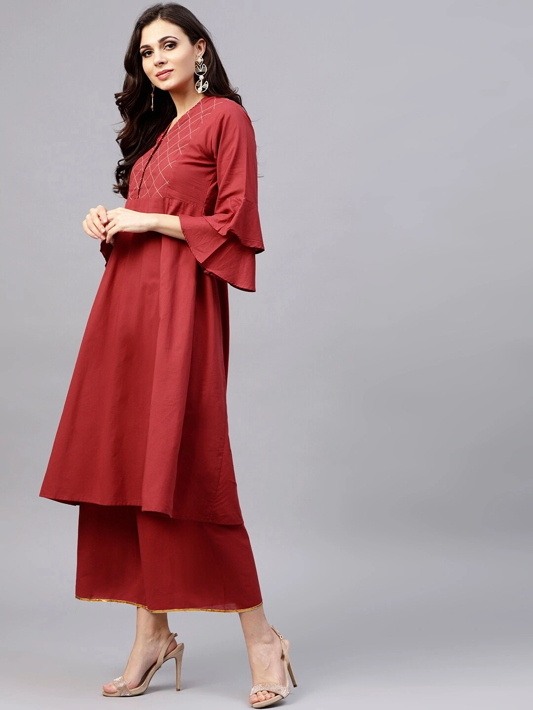 Bhama Couture Women Rust Red &amp; Beige Yoke Design Kurta with Palazzos &amp; Dupatta-L-1